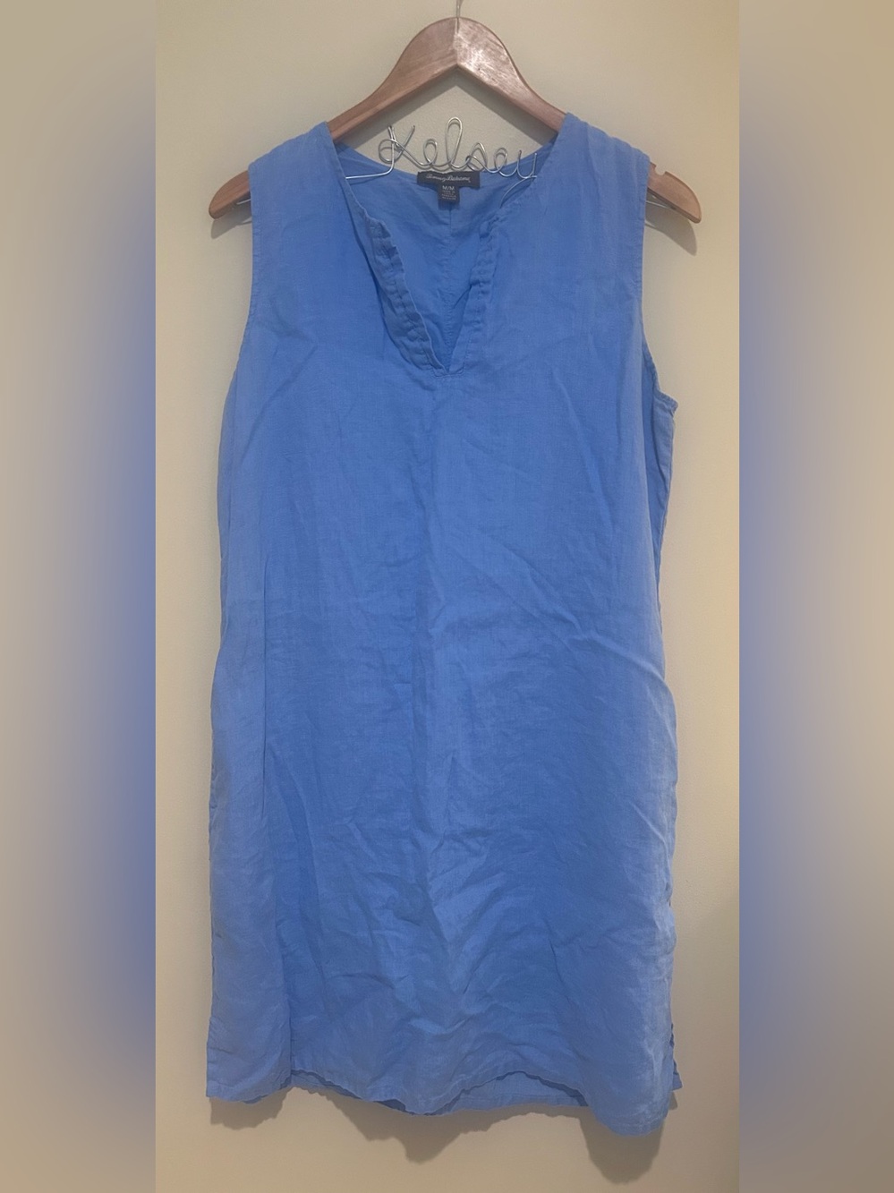 Tommy Bahama Blue Sleeveless 100% Linen V-Neck Dress Size Medium